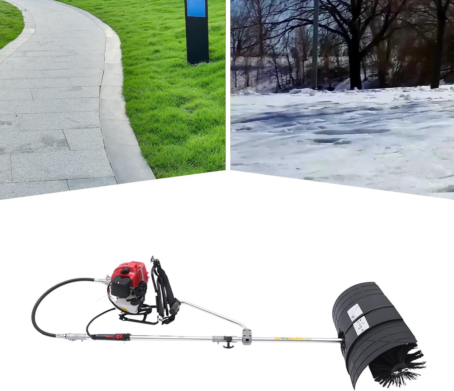 Gas Backpack Sweeper, 52Cc 2Stroke Petrol Powered Broom Driveway Turf Grass Cleaning Machine Hand Pull Start with Funnel & Goggles for Cleaning Driveway Turf Lawns Artificial Grass 1700W 200Rpm