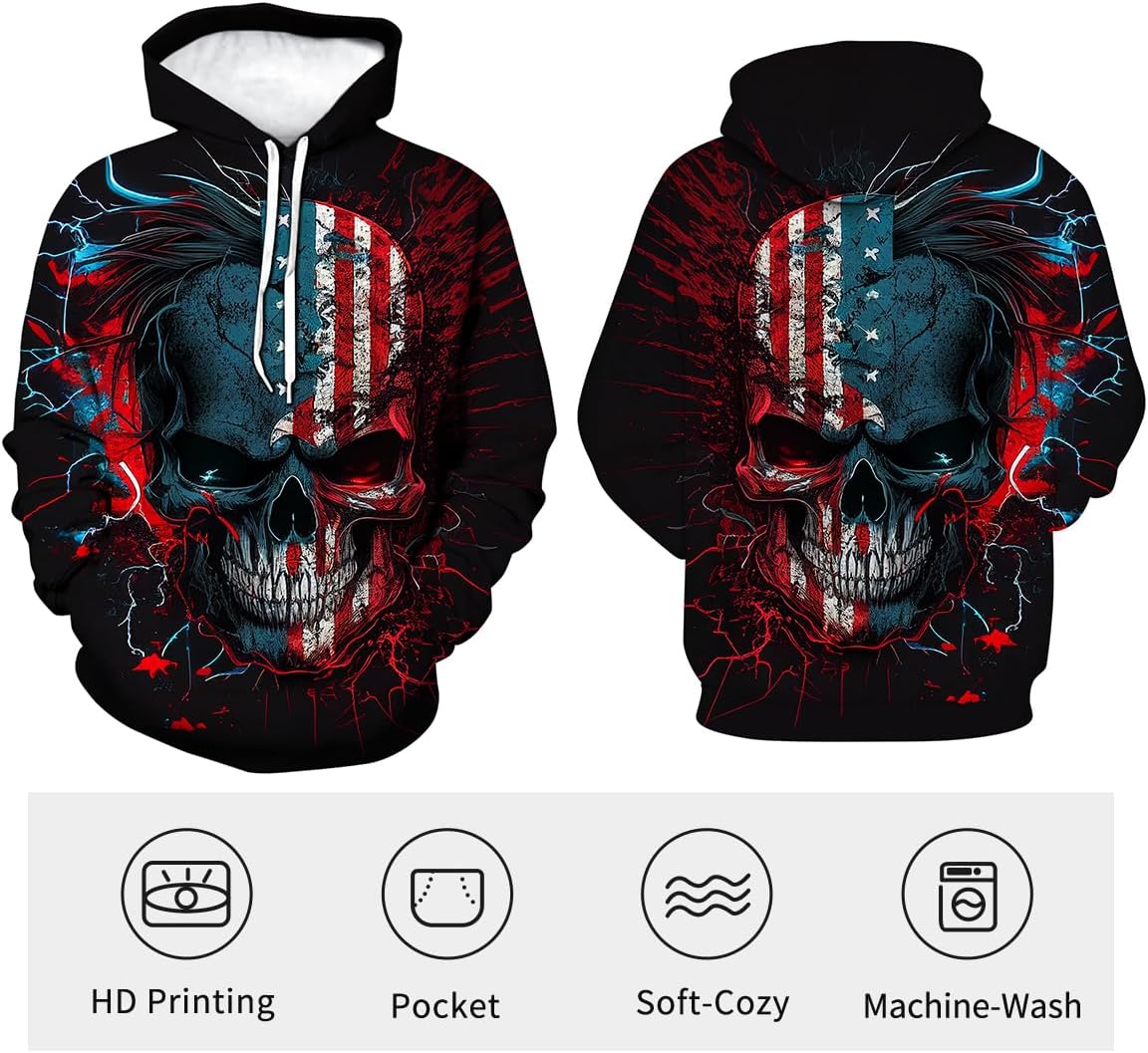 LAOLIUSN Men's Lightning Skull Hoodie Patriotic Theme Sweatshirt American Flag Graphic Pullover - Image 3