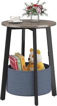 sthmec Small Round Side End Table with Cloth Storage Basket, Round Bedside Sofa Couch Coffee Tables for Small Places with Metal Frame, Modern Nighstands for Living Room Bedroom, Grey