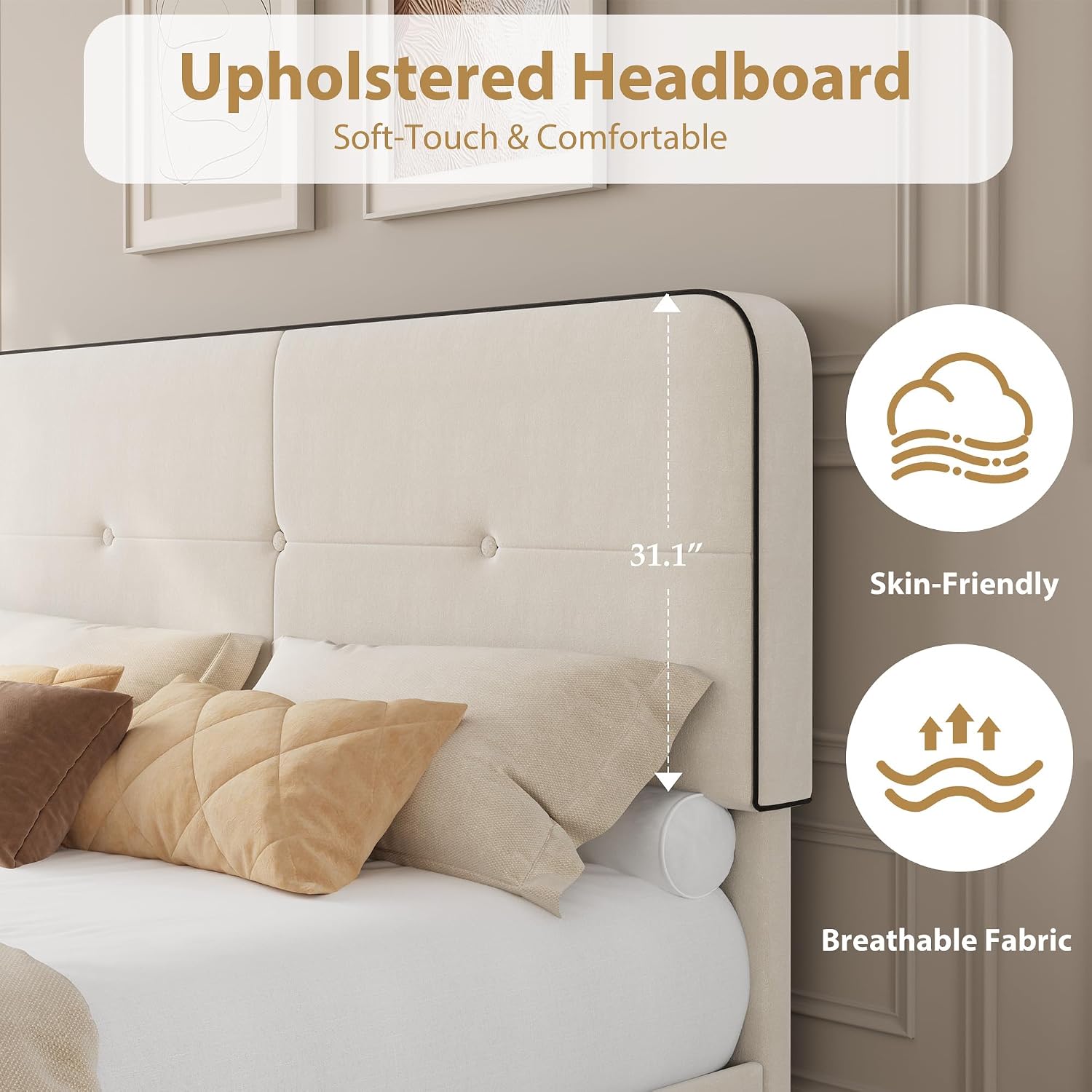Bed Frame, Upholstered Platform Bed Frame with Adjustable Headboard, Velvet BedFrame with Sturdy Metal Support, No Box Spring Needed, Anti-Noise EVA Sponge (Beige & Black Trim, Queen (U.S. Standard))
