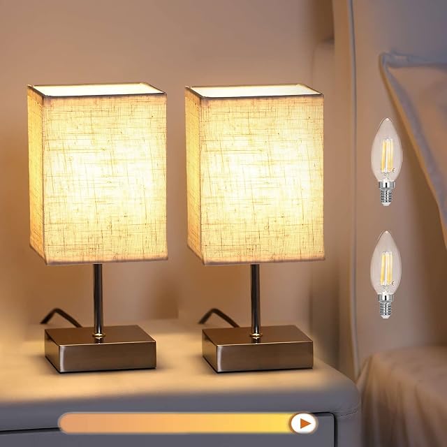 Lightess 2 Pack Bedside Nightstand Table Lamp Touch Dimmable Table Lamp 3-Way Brightness Bedroom Table Lamp for Living Room Office Hotel Cafe Restaurant (Include 2 Warm White E14 Bulbs) - Beige Square