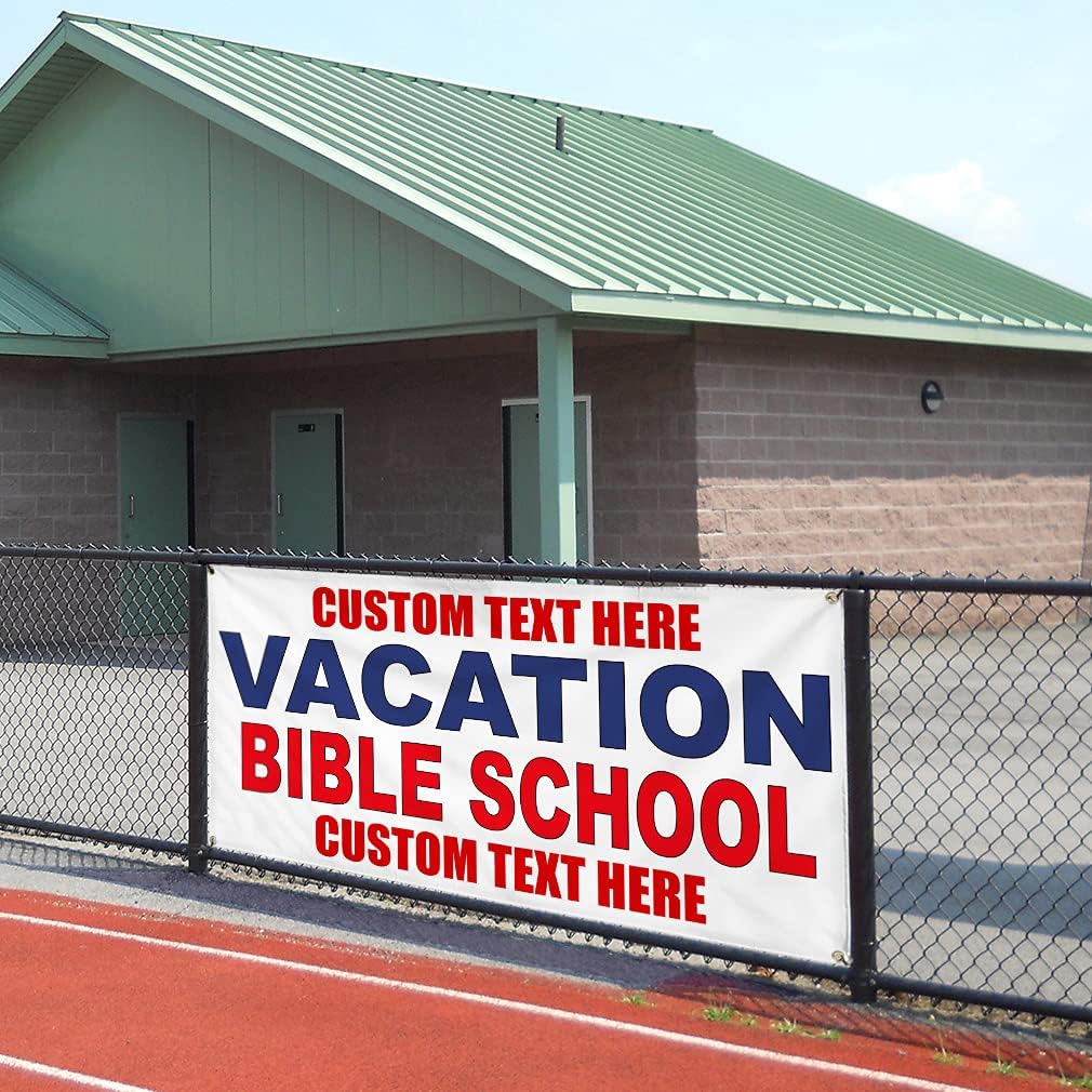 Custom Vinyl Banner Multiple Sizes Vacation Bible School Blue Red School Outdoor Weatherproof Industrial Yard Signs 4 Grommets Personalized Text Here 24x48Inches