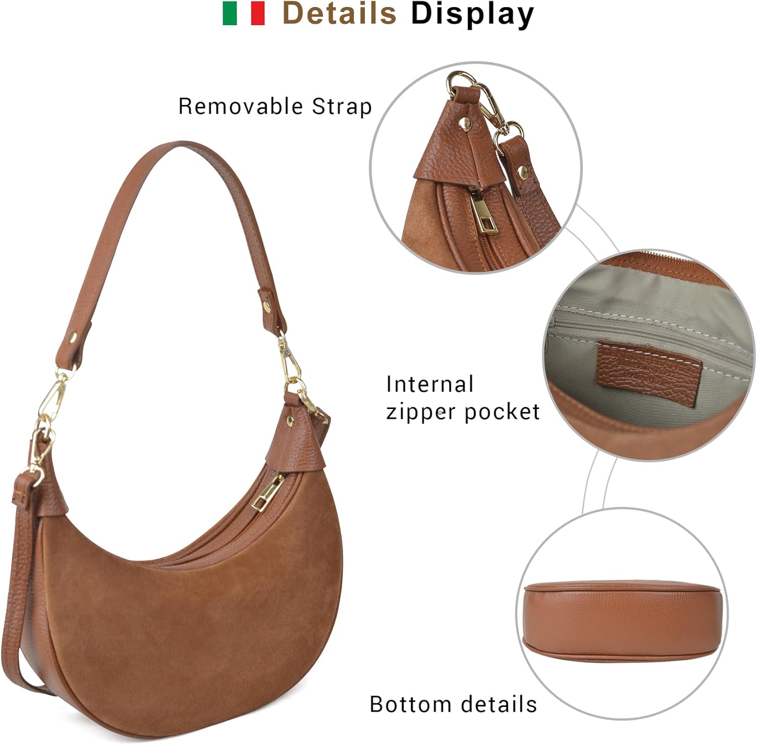 Italian Genuine Leather Crescent Hobo Bag for Women, Small Shoulder Crossbody Purse, Handbag with 2 Straps for Work Travel | 43" Adjustable Strap, Wide 3.5" Bottom, 11.5" Underarm Drop, Smooth/Suede Option, Secure Zip Closure