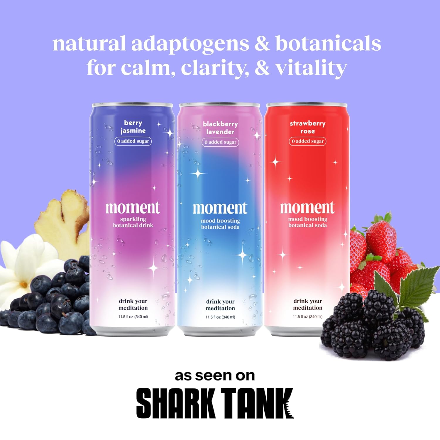 Moment Botanical Soda (Shark Tank) - Calm, Clarity & Relaxation with L-Theanine & Ashwagandha - Non Alcoholic Drinks for Adults - Sparkling Adaptogen Drink - 0 Sugar 0 Caffeine - 12 Pack 11.5 fl oz