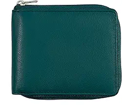 Carteira masculina de couro bovino dobrável com bloqueio de RFID com zíper | Corrente de zíper de metal segura com 9 cartões de identificação fina e minimalista, Verde floresta, One Size