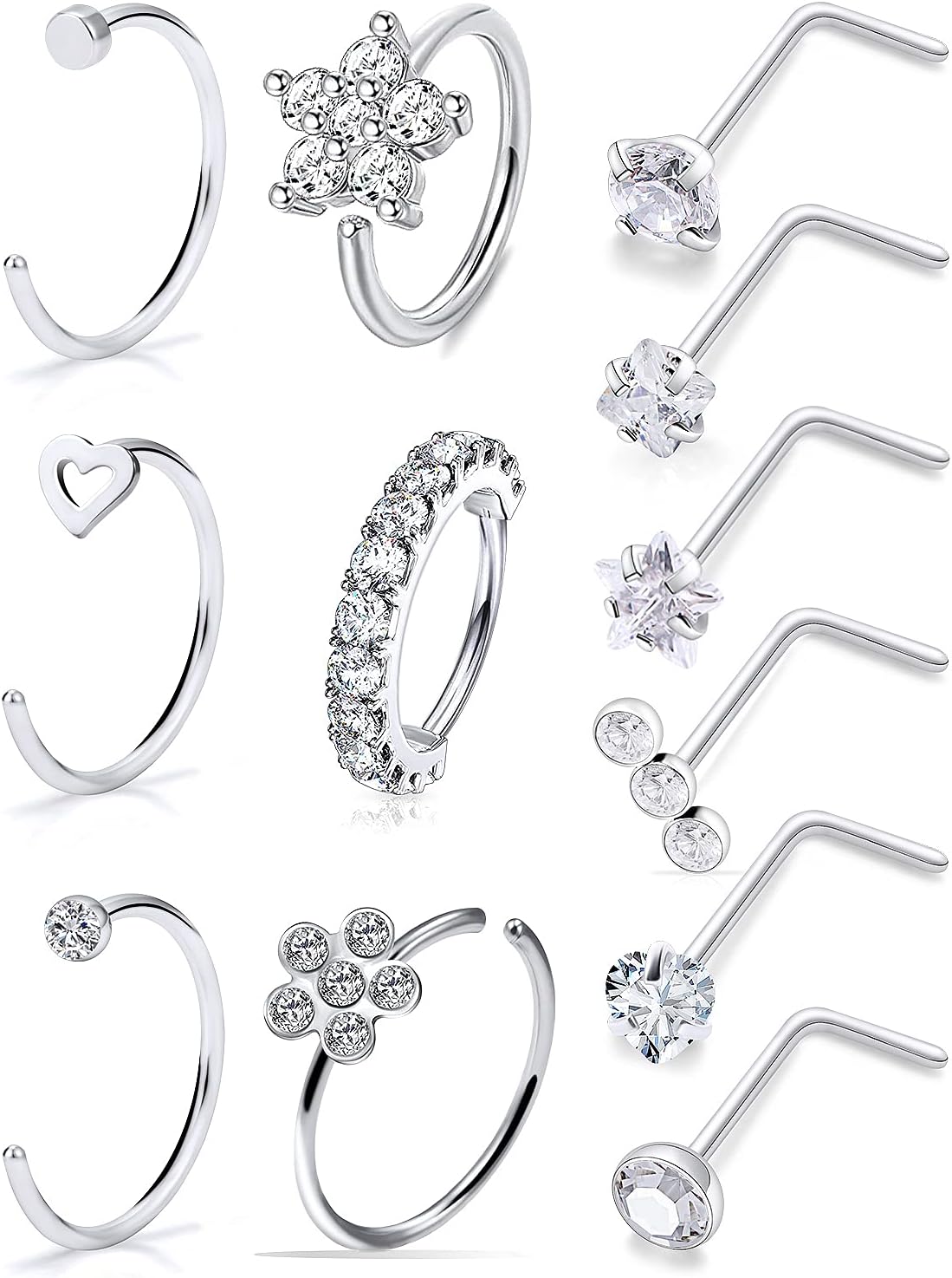 18G 20G Nose Rings Surgical Steel Nose Rings Hoop for Women Men Paved CZ Flower Nostril Piercing Jewelry L Shaped Nostril Ring Stud Set