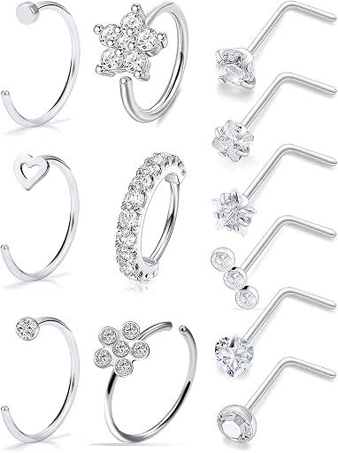18G 20G Nose Rings Surgical Steel Nose Rings Hoop for Women Men Paved CZ Flower Nostril Piercing Jewelry L Shaped Nostril Ring Stud Set