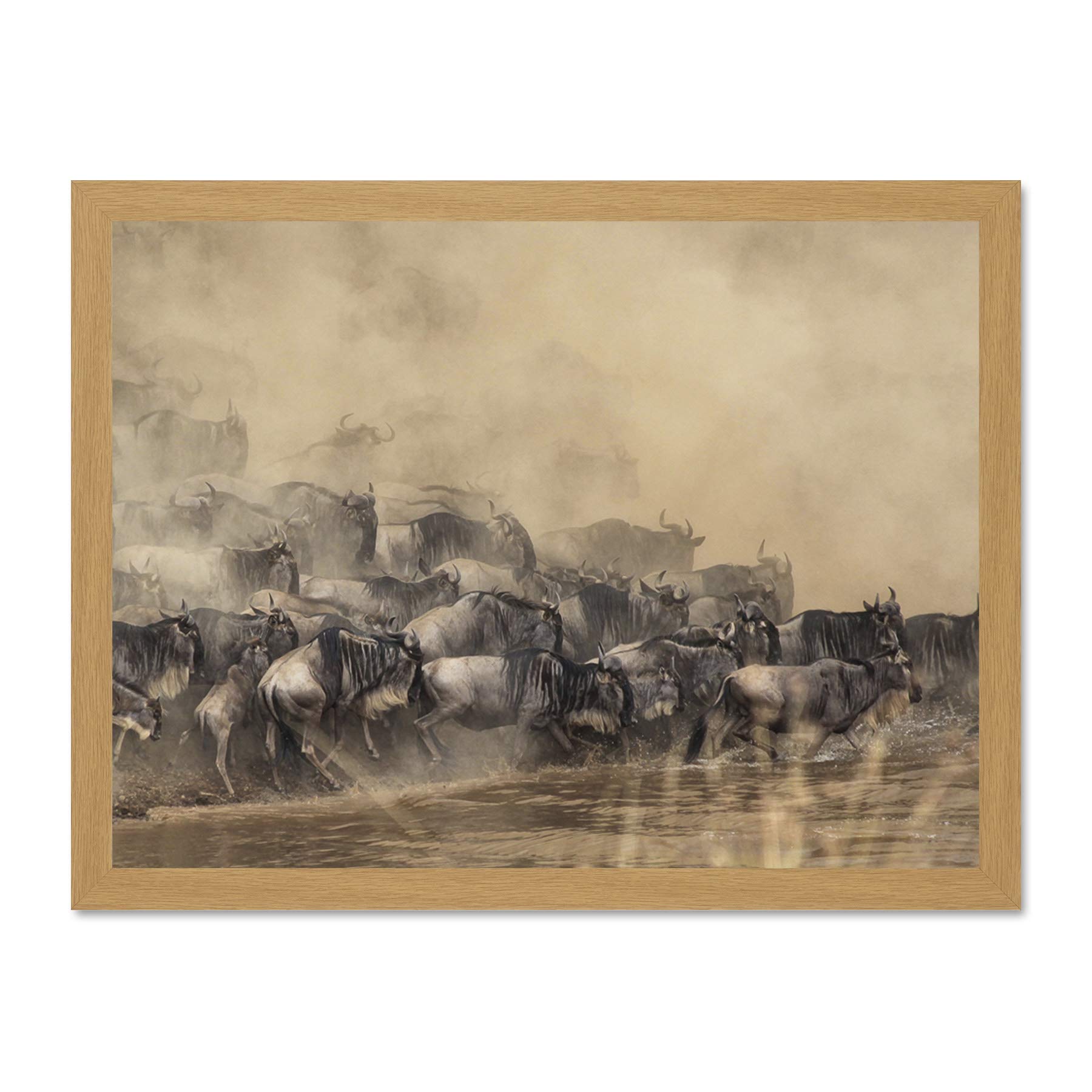 Wildebeest Antelope Herd Dust Large Framed Art Print Poster Wall Decor 18x24 inch