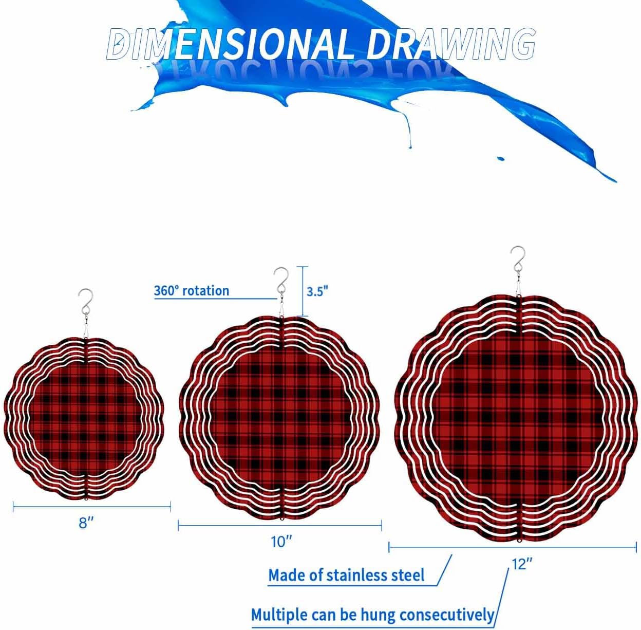Christmas Wind Spinner 3D Stainless Steel, 12 Inch Double Sided Circle Hanging Wind Spinners, Winter Red Black Buffalo Plaid Minimalist Garden Art Wind Sculpture for Yard Porch Front Door