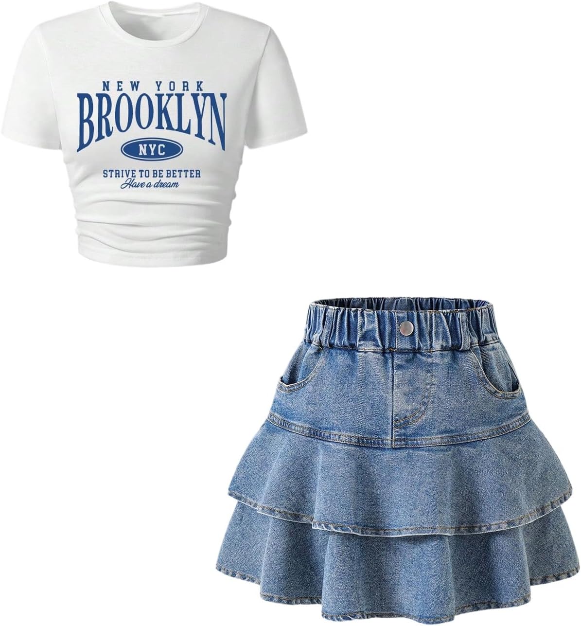 SweatyRocks Girl's 2 Piece Outfits Y2k Short Sleeve Graphic Tees and Layered Denim Skirt Sets
