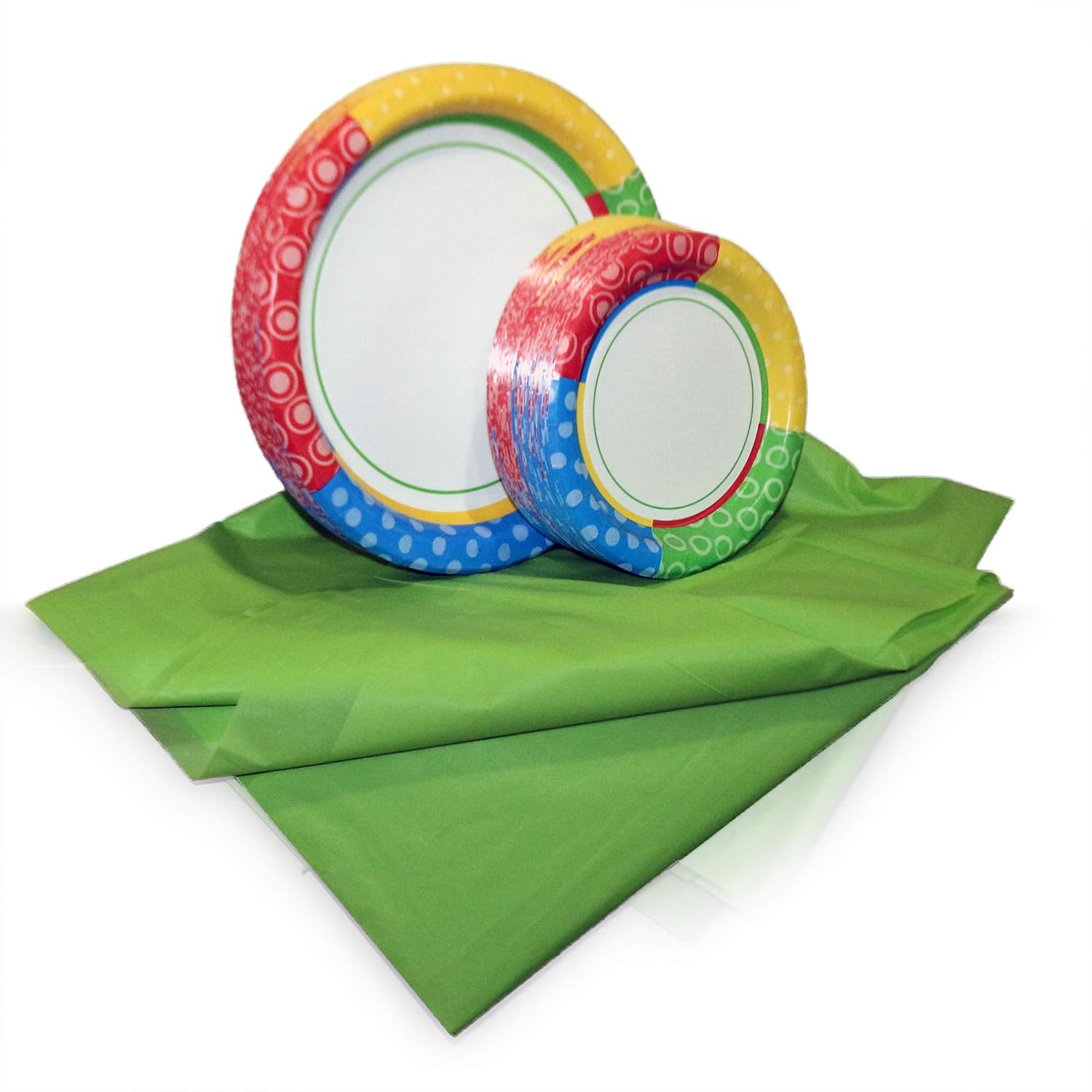 Tiger Chef Dazzling Dots Disposable Plate Paper Dinnerware Set for 48 Guest, Includes 48 10-inch and 7-in Paper Plates and 1 Plastic Tablecloth 54x108-in, Party Pack Tableware, Wedding, Birthdays