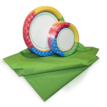 Tiger Chef Dazzling Dots Disposable Plate Paper Dinnerware Set for 48 Guest, Includes 48 10-inch and 7-in Paper Plates and 1 Plastic Tablecloth 54x108-in, Party Pack Tableware, Wedding, Birthdays
