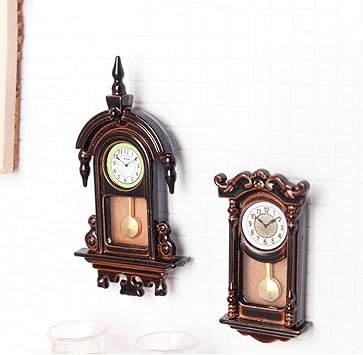 2PCS Vintage Wall Clock Doll House Furniture, Miniature Dollhouse Accessories on 1:12 Scale, Grandfather Wall Clock