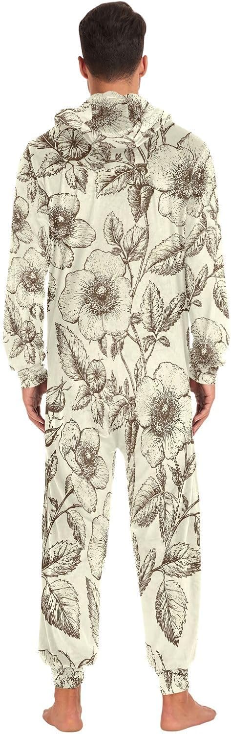Black Flower Vintage Adult Onesie Pajamas Novelty One Piece Costume Sleepwear Jumpsuits Matching PJS