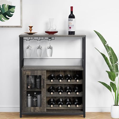 Miniatura 32 de IDEALHOUSE Armario de bar de vinos de 3 niveles con estante y cajón desmontable para vinos, aparador industrial y gabinete de buffet con soporte de