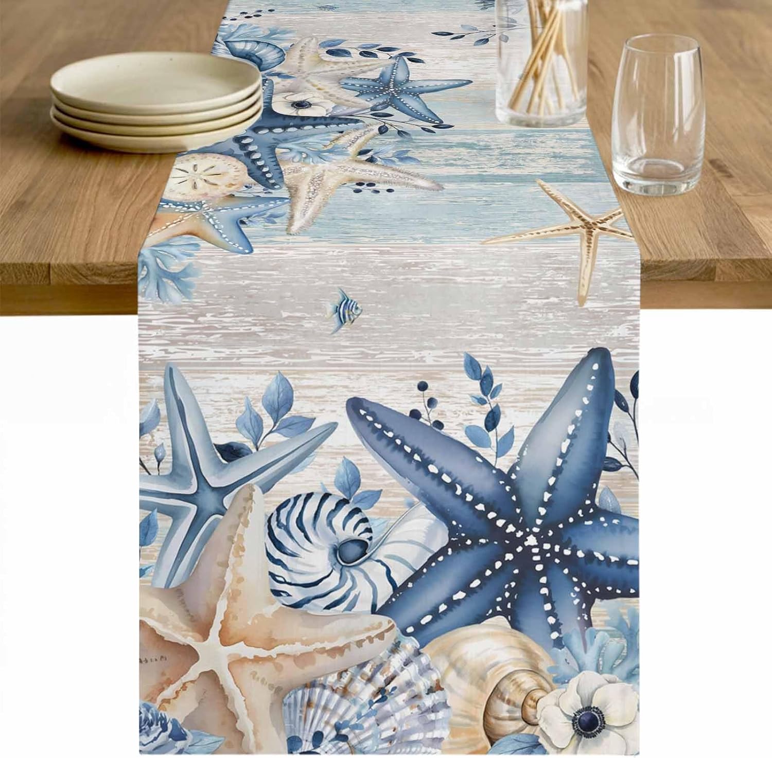 Blue Starfish Coastal Table Runner 120 Inches Long, Nautical Shell Farmhouse Dress Scarves, Eucalyptus Summer Vintage Dining Tablerunner for Coffee Table/Kitchen Island/Party, 13" x 120"