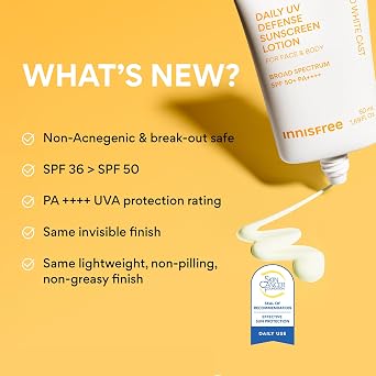 innisfree Daily UV Defense Sunscreen SPF 50+ PA++++, Korean Face Sunscreen, Invisible Finish, Broad Spectrum, No White Cast, Lightweight, Hydrating, Available in Gift Sets & Jumbo