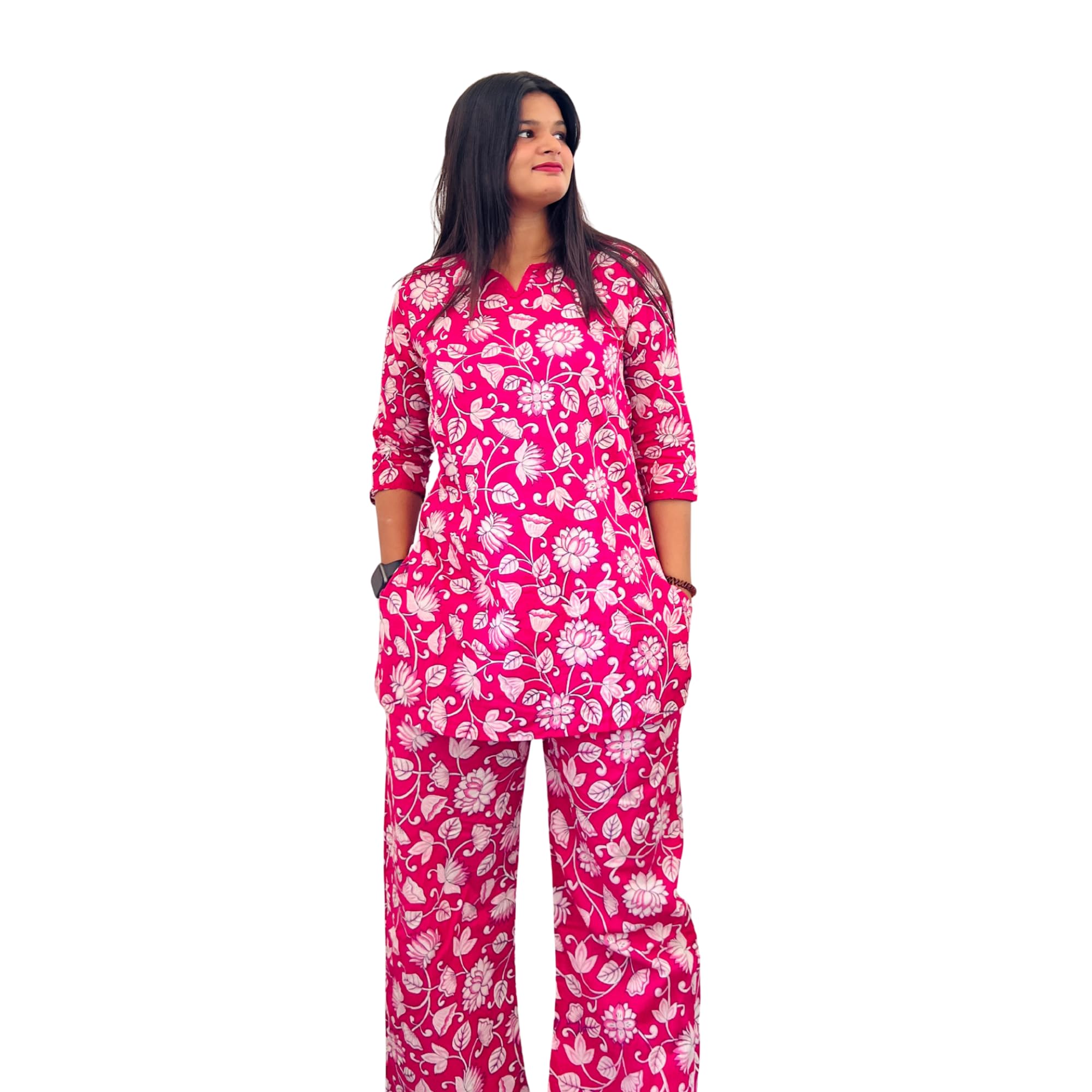 Women's Cotton Floral Print Jumpsuit, Pink and White, Three Quarter Sleeve, Casual Loungewear with Pockets-image-20
