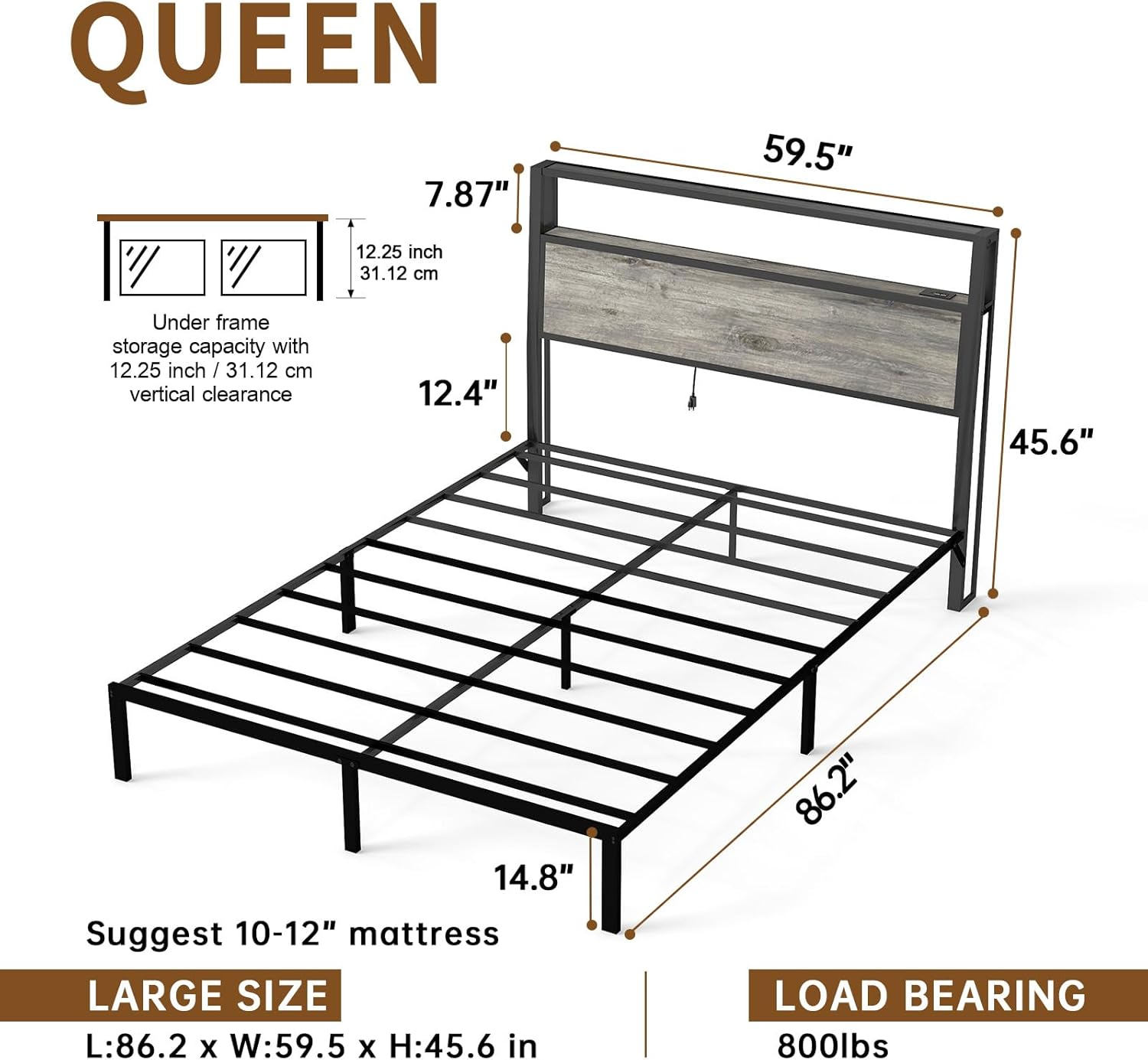 Queen Size Bed Frame with Headboard, Metal Platform Bed Frame with LED Lights & Charging Station, Under Bed Storage, Solid and Stable, No Box Spring Needed, Noise Free, Easy Assembly