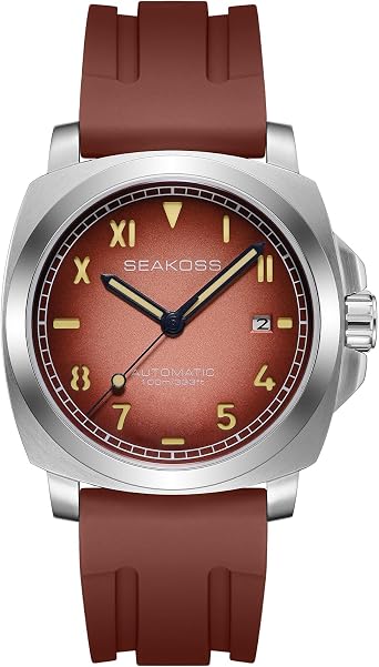 SEAKOSS Automatic Watch 40mm Seagull ST1612 Movement 10ATM Dive Watch for Men with Calendar Sapphire Luminous Mechanical Watch, Braun, Classic