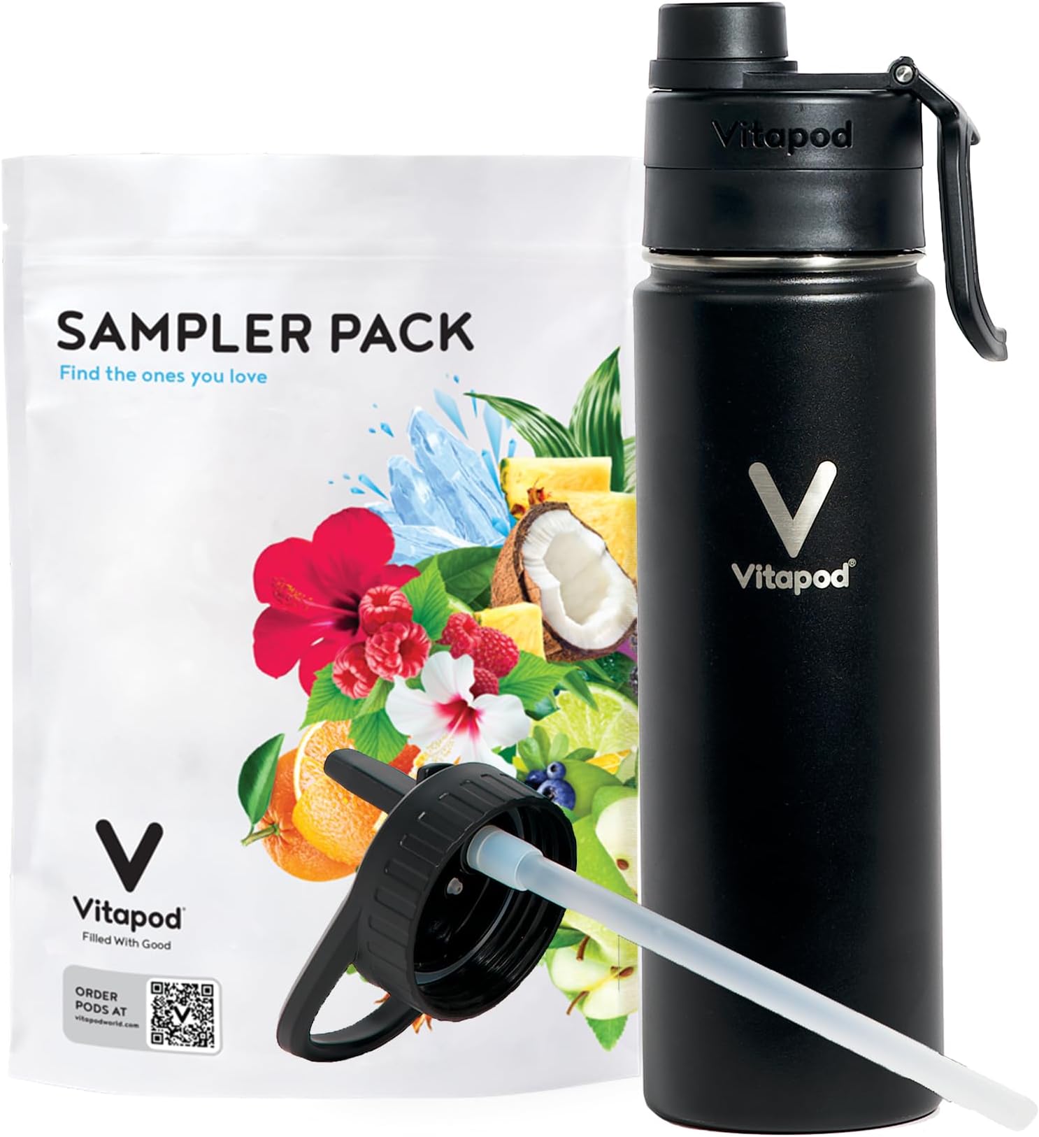 VitapodHydra+ Sampler Pack Water Enhancer Pods Starter Bundle, Water Flavoring, Sugar Free, Vitamin C, Vitamin D, Zinc, 20 Pods, 22 oz Stainless Steel Water Bottle, Black