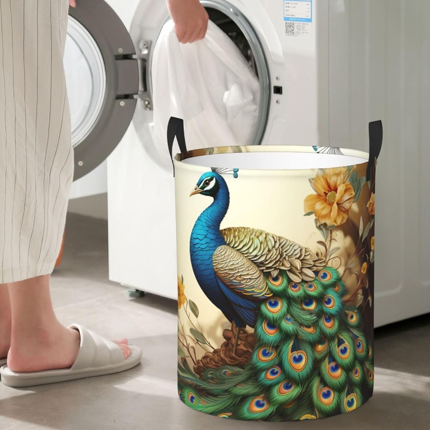 Beautiful peacock Laundry Basket With Handles, Foldable Laundry Hamper Oxford Cloth Dirty Clothes Basket Waterproof Clothes Toys Storage Bin Organizer for Bedroom Bathroom Dorm