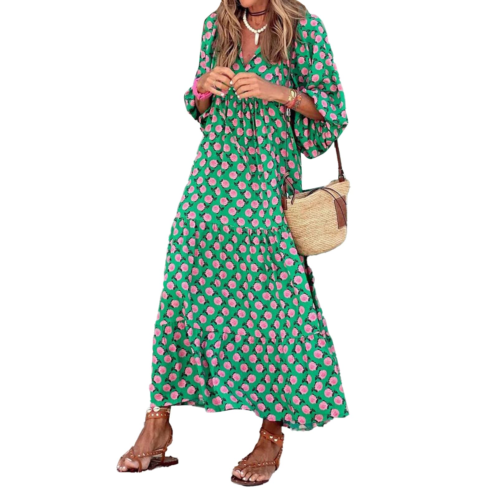 Women's Casual Loose Bohemian Maxi Dress Floral V Neck Puff Long Sleeve Tiered Long Swing Dress Summer Beach Sundress