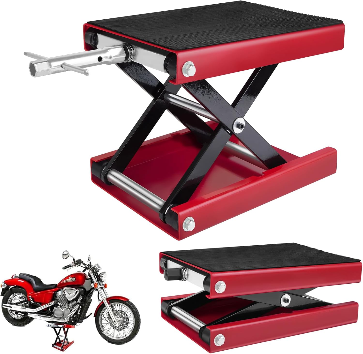 Steel Motorcycle Lift, Motorcycle Scissor Lift Jack with Wide Deck, Height Adjustable 98-365mm Center Hoist Crank Stand, for Street Bikes, Cruiser Bikes, Touring Motorcycles, 11000Lbs/500 kg/0.5 Ton
