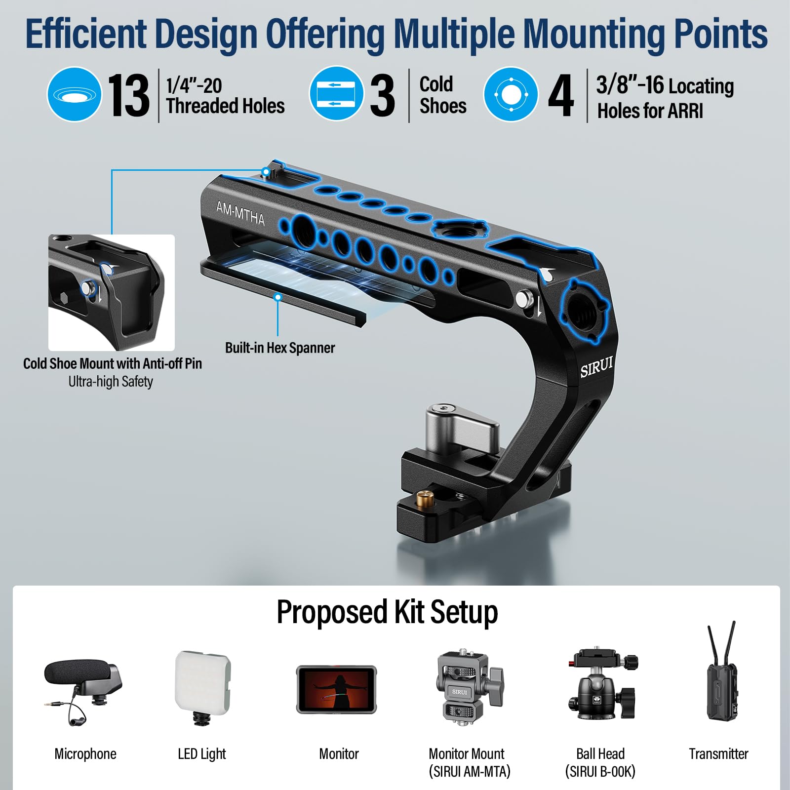 SIRUI 2 in 1 Top Handle für ARRI oder für NATO-Mount, Vollaluminium-Kamerakäfiggriff mit Cold Shoe mit Sicherheitsstift, mehrere Gewindebohrungen, AM-MTHA