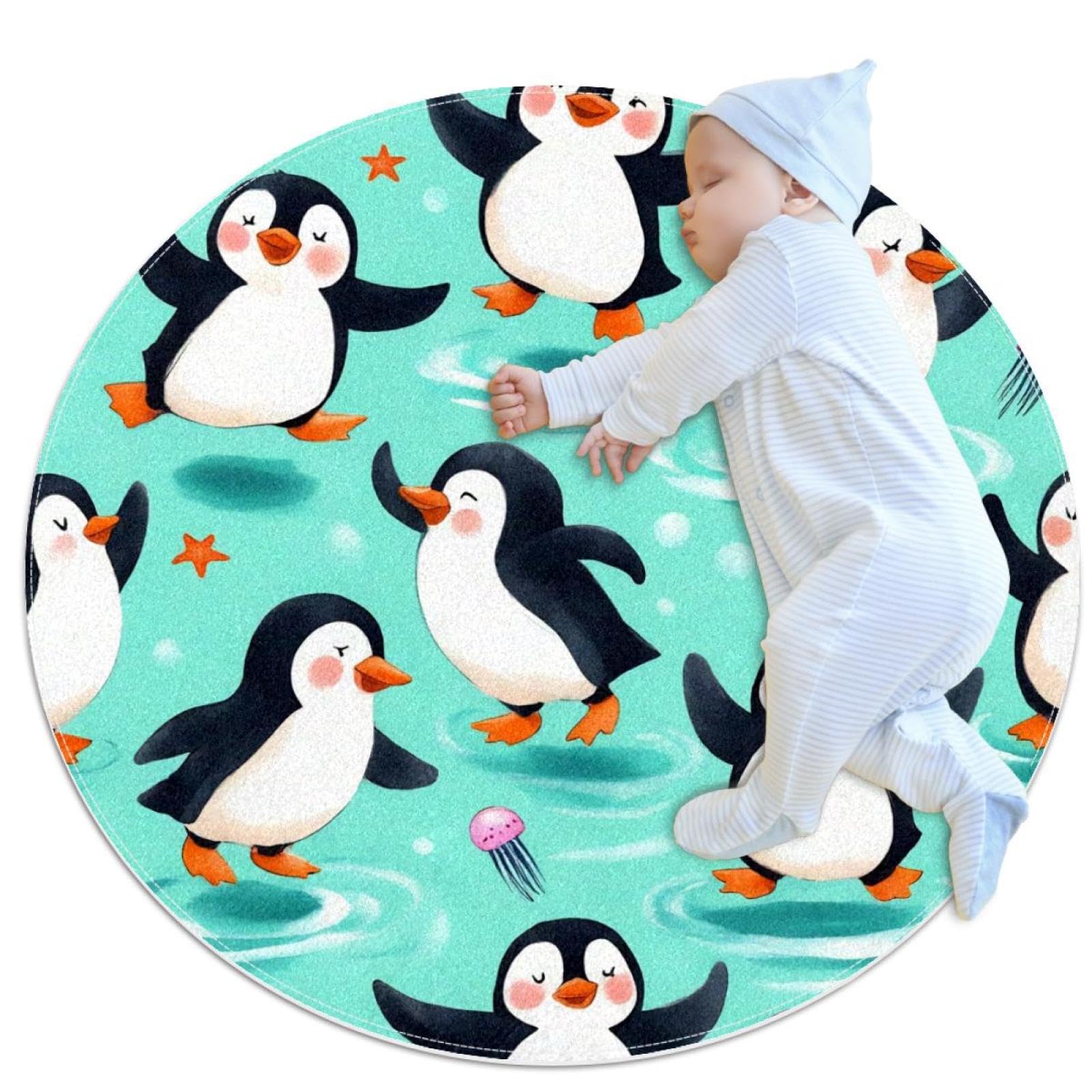 Tapis de salle de bain antidérapant rond 1m avec motif pingouins et étoile de mer