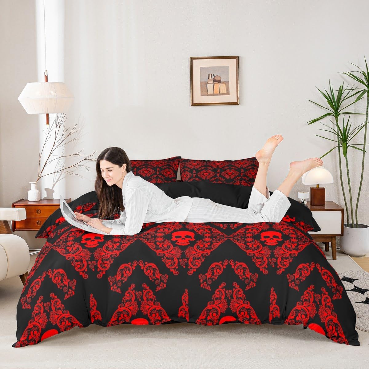 Feelyou Kids Vintage Jacquard Bedding Set Twin Size Damask Floral Duvet Cover for Bedroom Decor Skull Exotic Floral Comforter Cover Breathable Soft Microfiber Blck Red with 1 Pillow Case,No Comforter