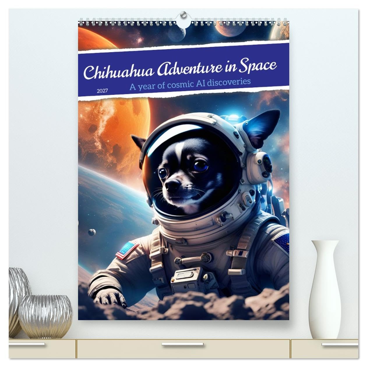 Chihuahua Adventure in Space (High Quality Premium Wall Calendar 2027 DIN A2 portrait),CALVENDO 12 Month Wall Calendar: Cute AI Chihuahua astronaut explores space