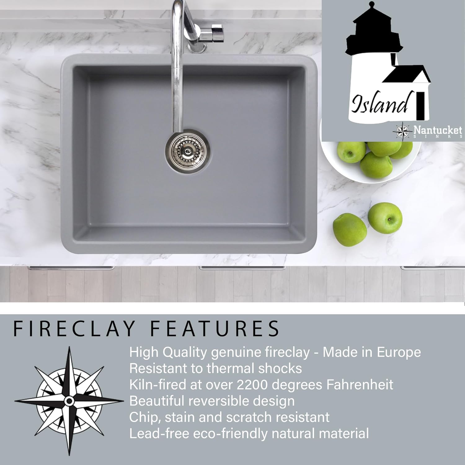 Nantucket Sinks Small Kitchen Sink – 24" Bar Sink, Matte Gray Fireclay, w Bottom Grid & Basket Strainer Drain, Drop In or Undermount, Rectangular Single Bowl, Made in Europe – Sturdy ISFC24GR-SB1