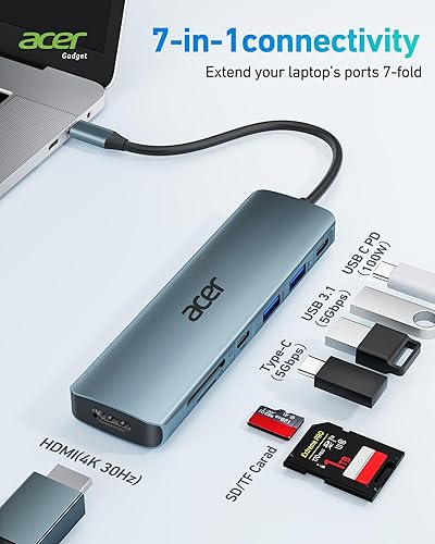 Miniatura 2 de Acer Hub USB C, divisor USB C a HDMI 7 en 1, 2 puertos USB 3.1 GEN1 y 5Gbps tipo C, puerto HDMI 4K, carga PD 100W, lector de tarjetas SD, para