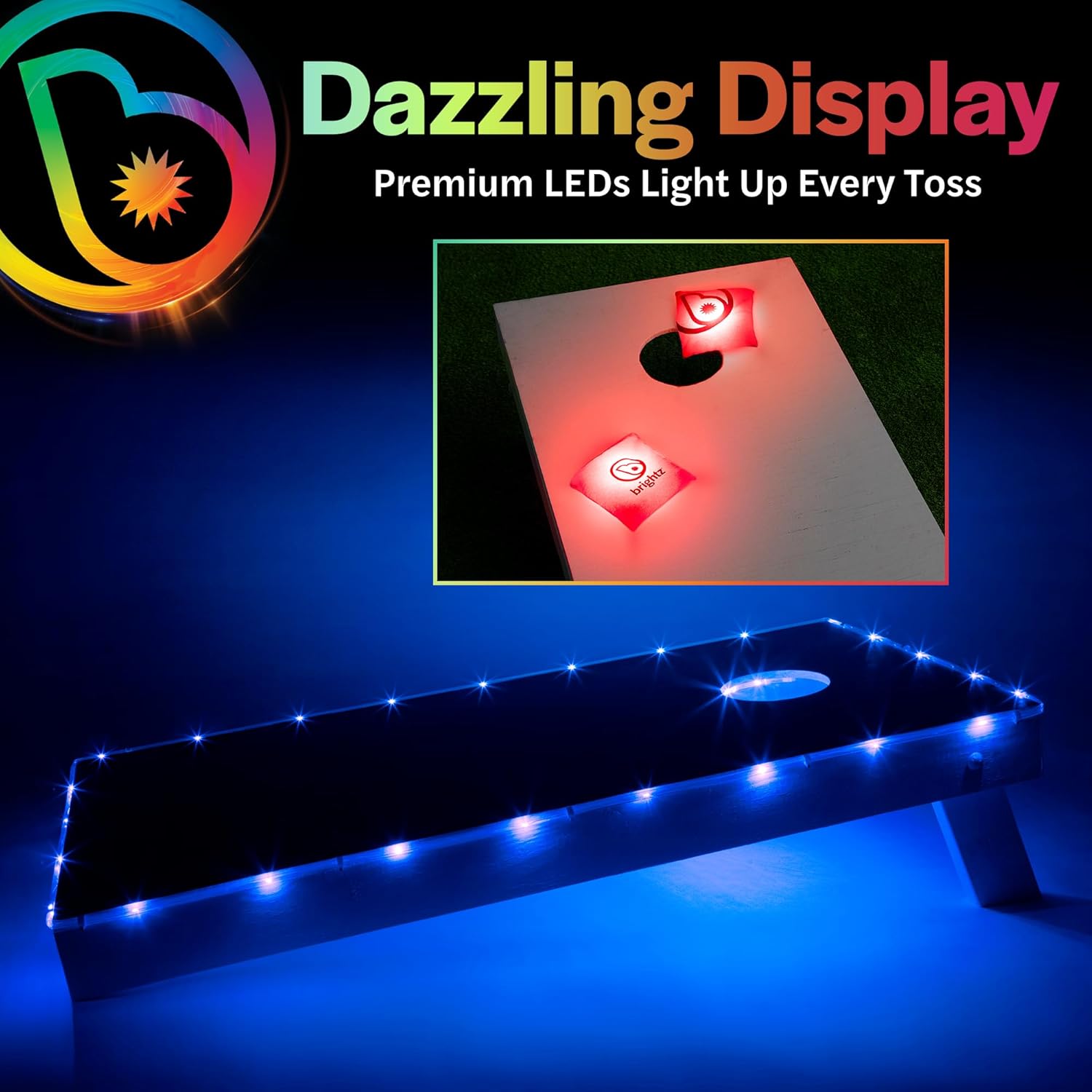 Brightz Cornhole Board Edge Lights with LED Bags - Includes 4-Pack of LED Cornhole Bags + TossBrightz Cornhole Board Edge Lights - The Ultimate Night Time Cornhole Master Set