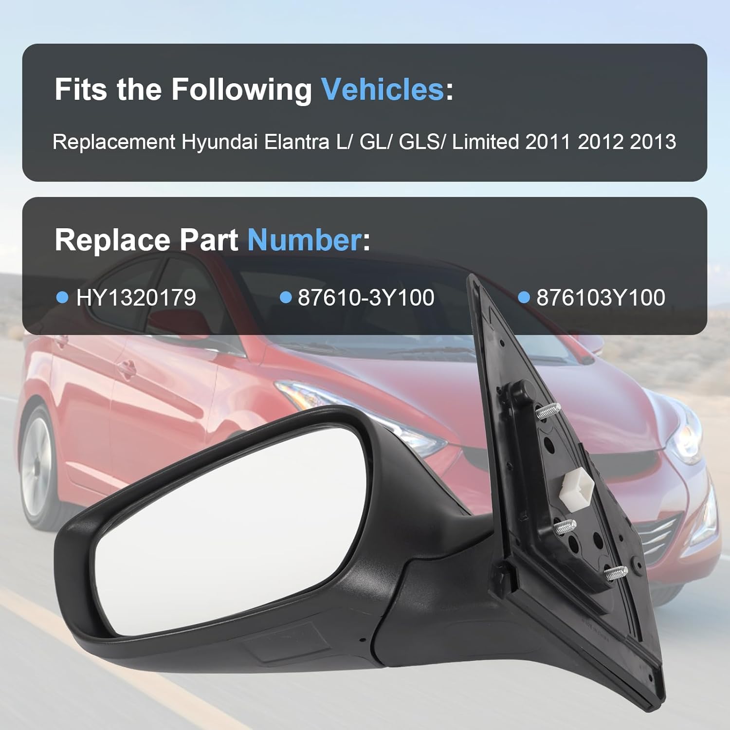 Door Mirror Left Driver Side Replacement For Hyundai Elantra 2011 2012 2013, Replace HY1320179, Black 5PINS