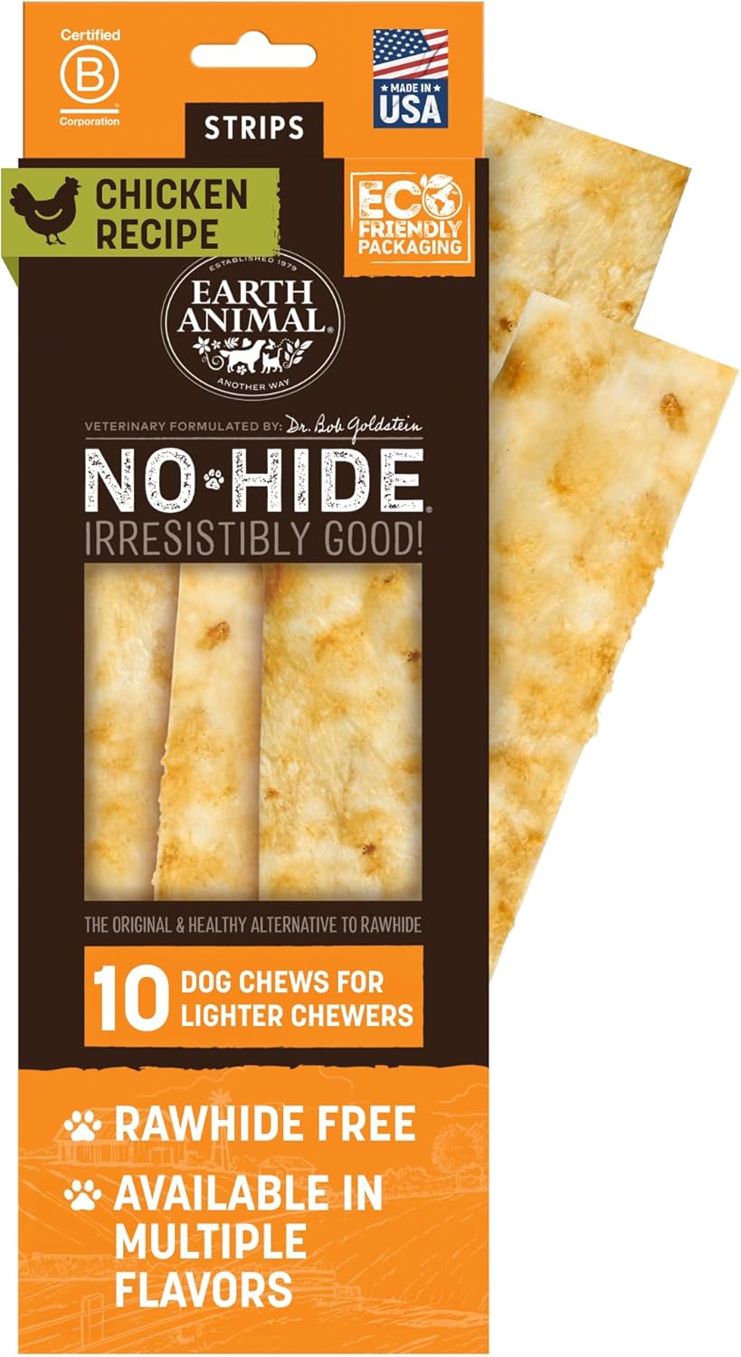 Earth Animal No Hide Strips - Natural Rawhide Free Dog Chew Strips, Chicken - 10 Count Value Pack