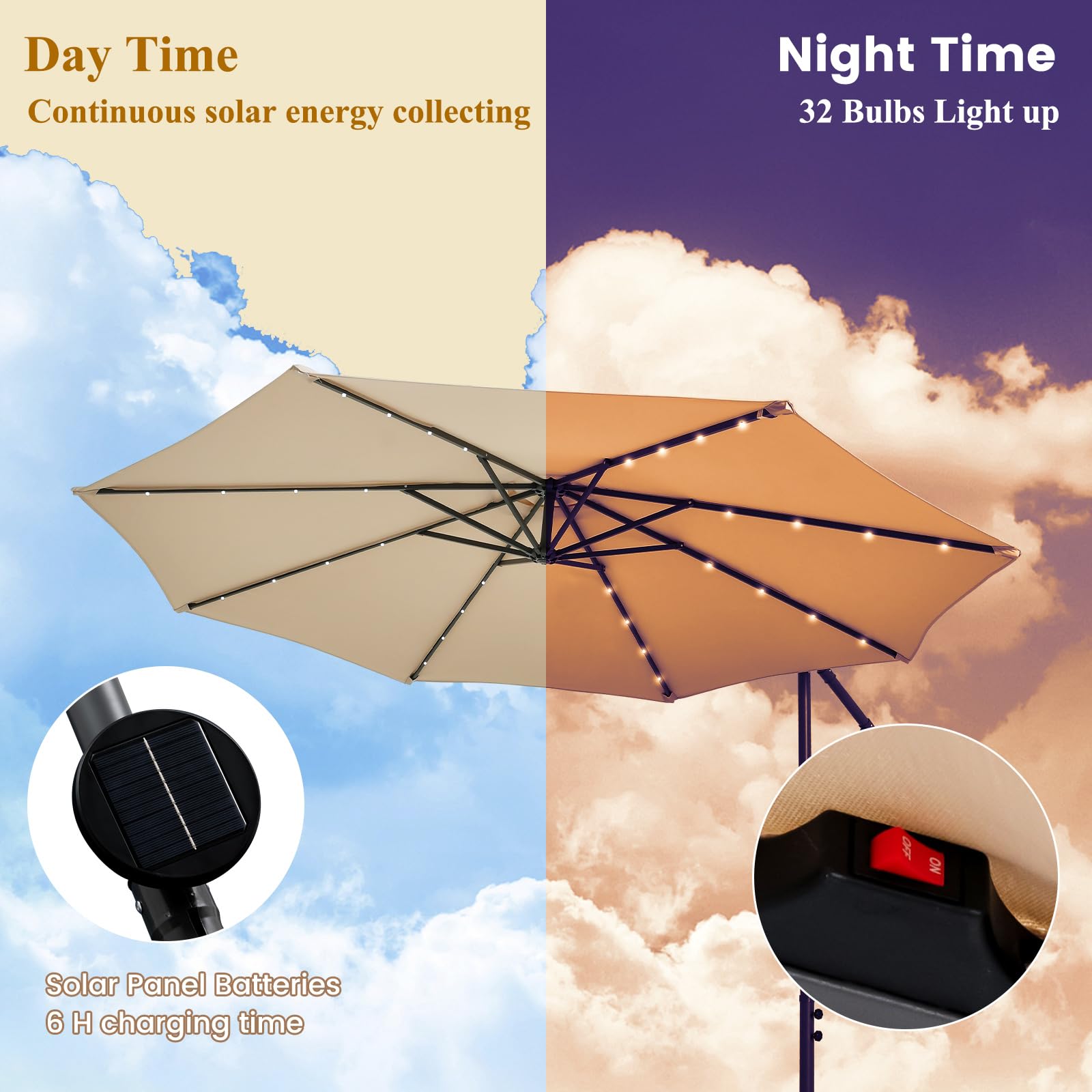 KOMFOTTEU Parasol ogrodowy 3 x 3 m z diodami LED i panelem słonecznym, parasol przeciwsłoneczny z piaskowymi workami, odporny na promieniowanie UV, wodoodporny, regulowany kąt, z korbą (beżowy)