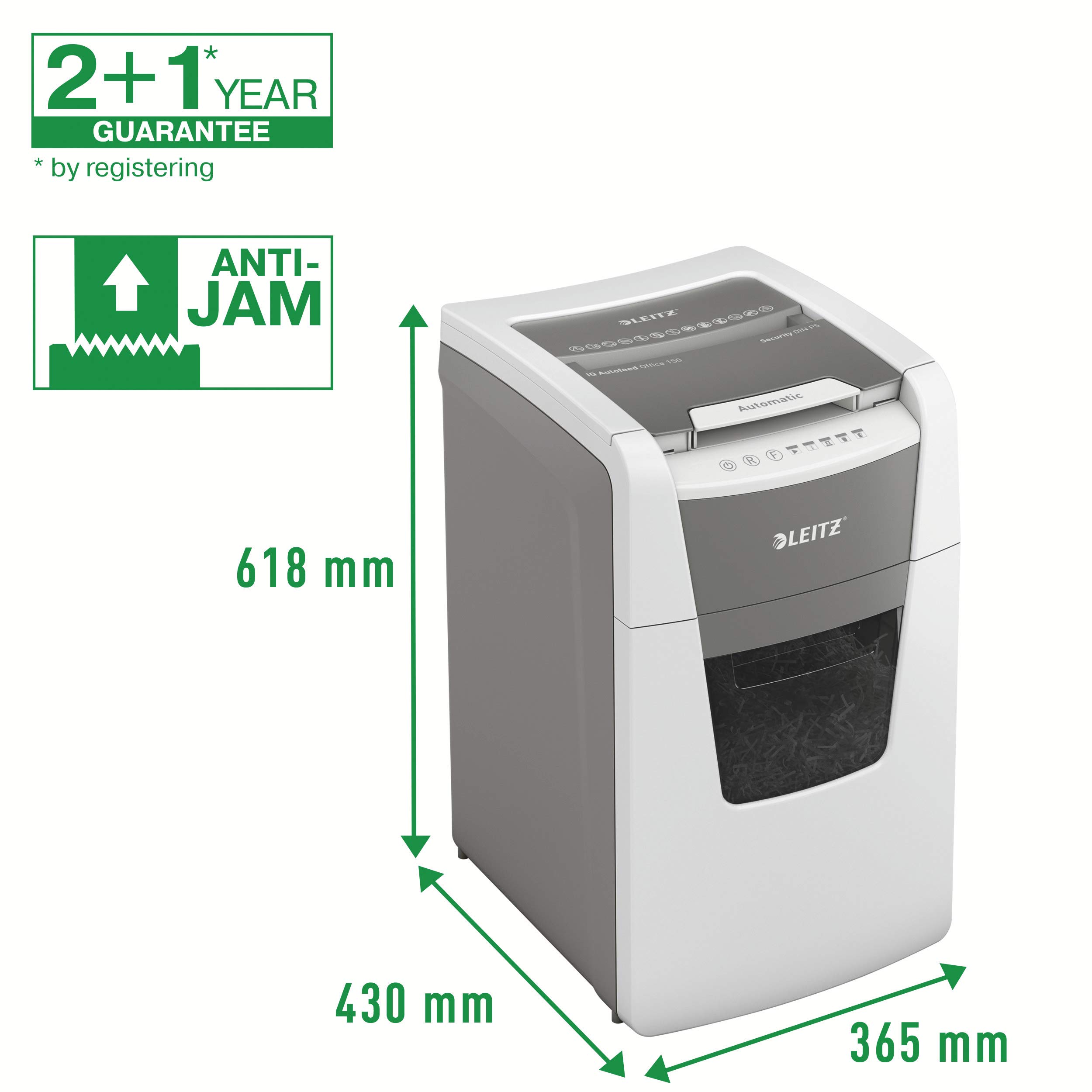 Leitz Distruggidocumenti IQ Autofeed Office P5, 150 fogli, cestino per rifiuti da 60 l, bianco, 80142000