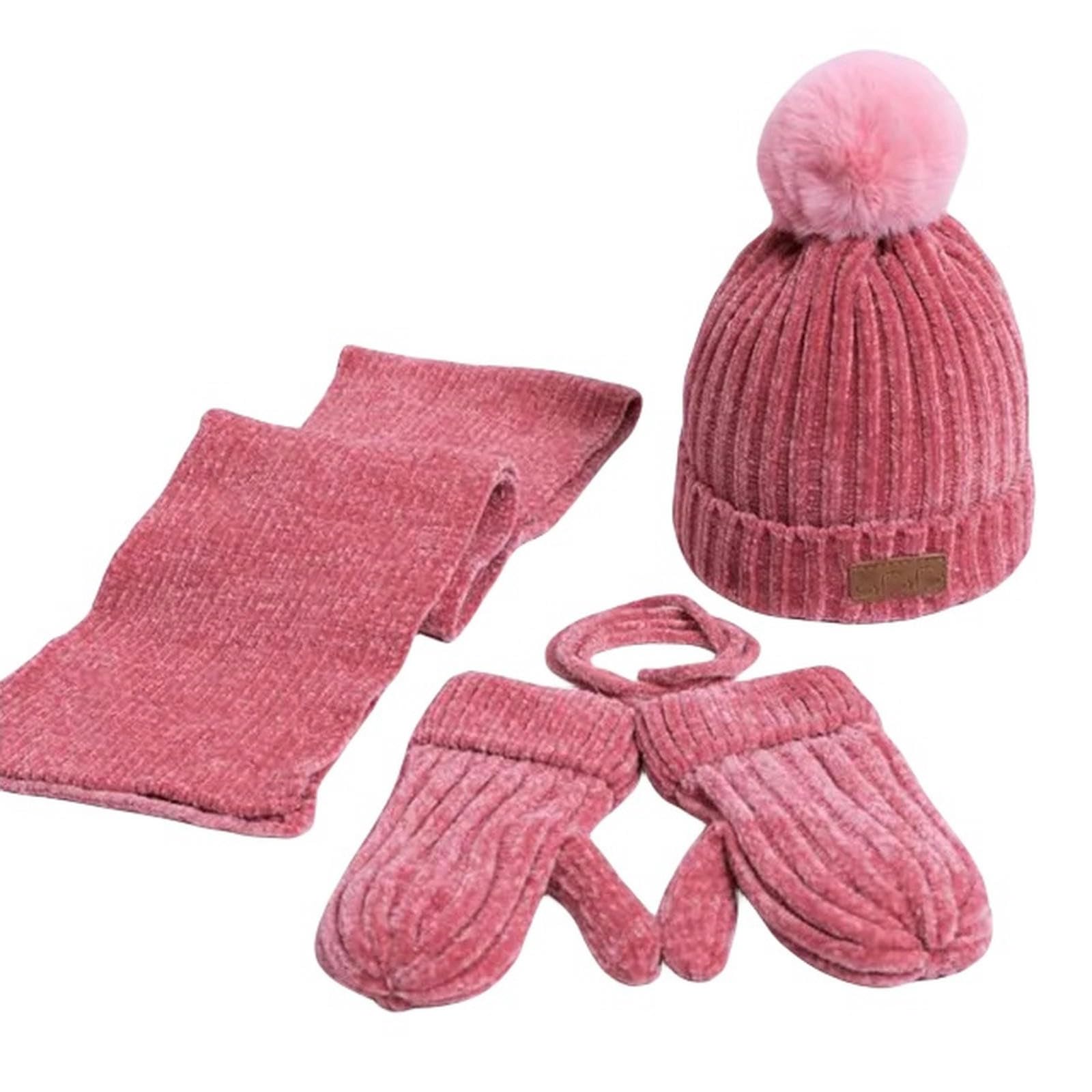 Zonto Wintermütze Schal Handschuh-Sets 3-Teilige Set Von Winter Kinderhutschalhandschuhe Für Kinder Jungen Mädchen Warm Pom Pom Hut Halsschal-Rosa-3-36 M Eine Größe