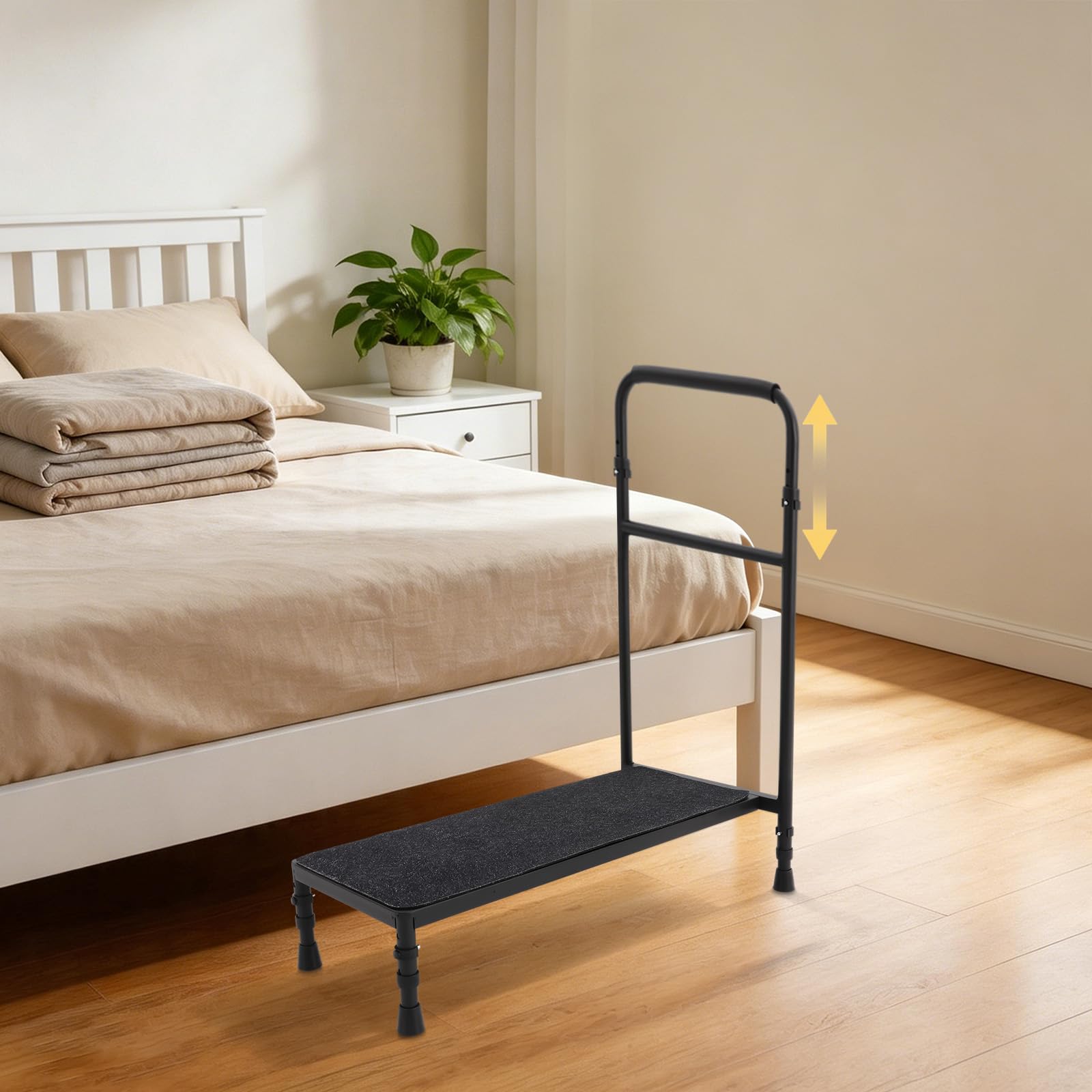 Scalino mobile di sicurezza per anziani, antiscivolo, 1 gradino, con corrimano regolabile, portata fino a 150 kg, ideale per vasca da bagno, letto e veicolo (nero)