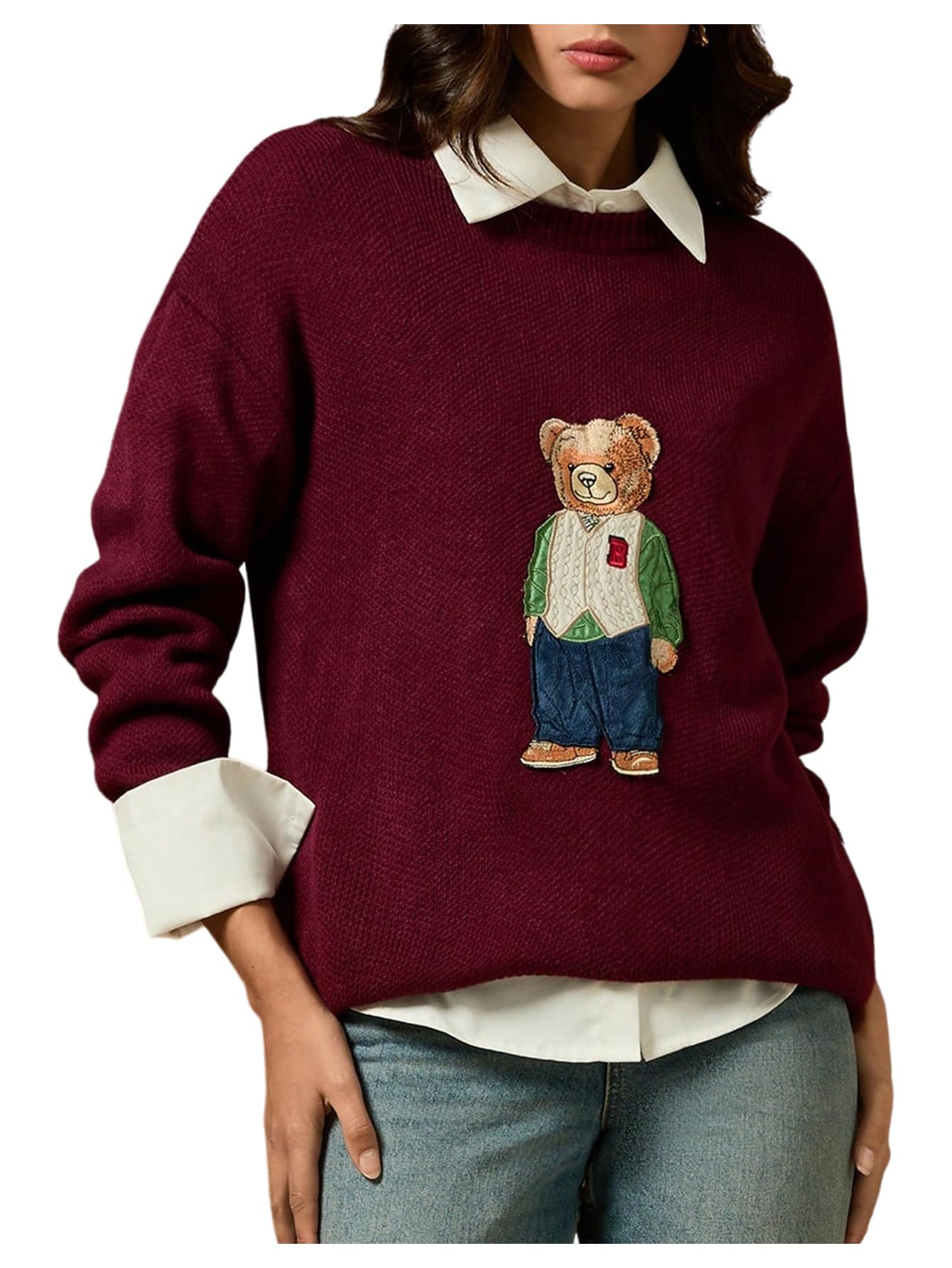MakeMeChic Womens Bear Cute Sweater Embroidery Crew Neck Long Sleeve Pullover Knit Top