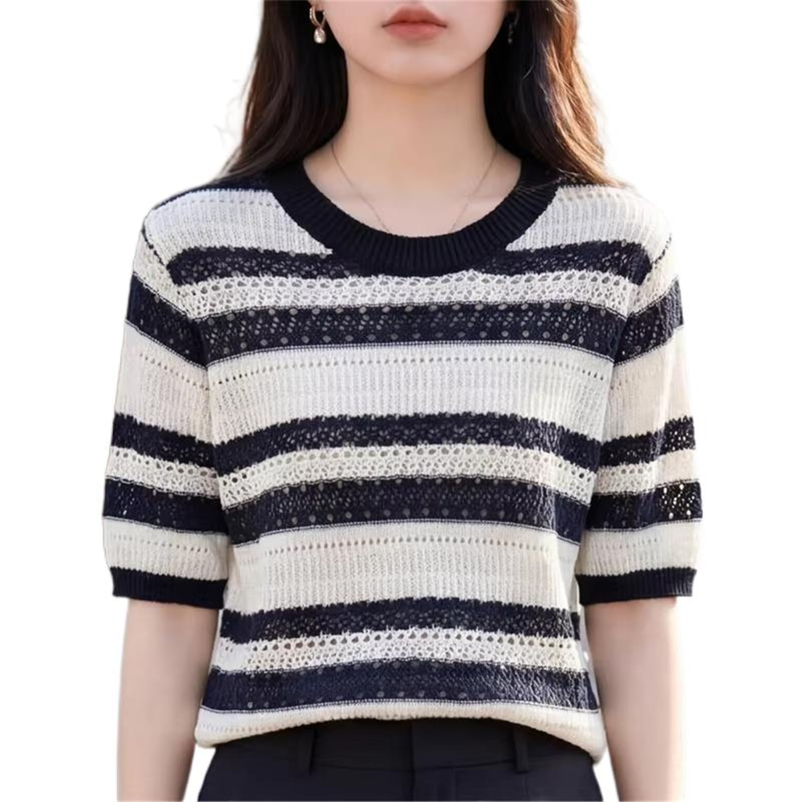 MORISTE T-Shirt a Maglia Donna Collo Tondo, Top Aderente Maniche Corte per Estate