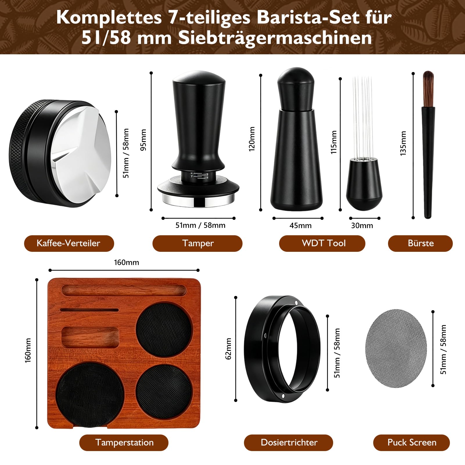 Espresso Tamper 58mm Set, 7-teiliges Barista Zubehör mit Tamper, WDT Tool, Distributor, Dosiertrichter, Puck Screen, Tamperstation und Reinigungsbürste