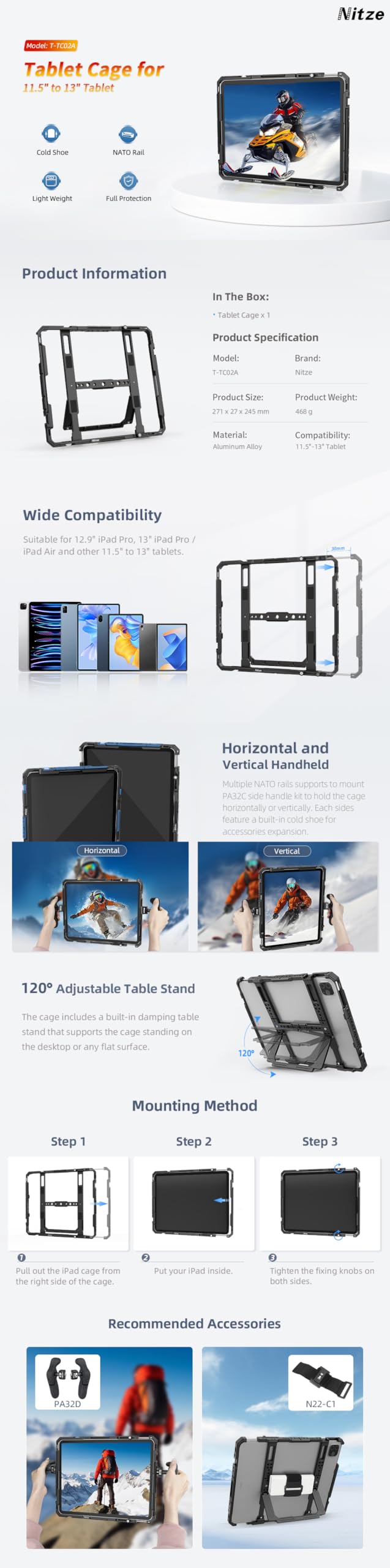 Nitze Supporto per tablet in alluminio con supporto per treppiede compatibile con iPad Pro da 12,9" e 11,5" a 13" Tablet