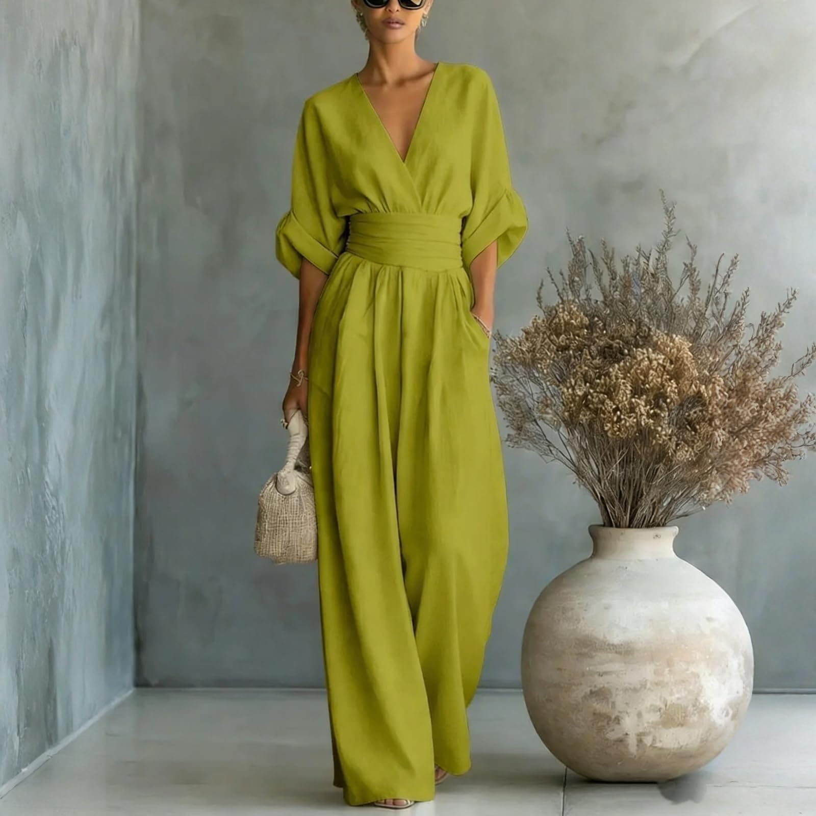 Jumpsuit Damen Sommer Elegant Mit Ärmel Overall Festlich Lang Tailliert Hosenanzug Hochzeitsgast Weites Bein Jumpsuits V Ausschnitt Buisness Romper Frauen Halbarm mit Tasche Sommer Playsuit