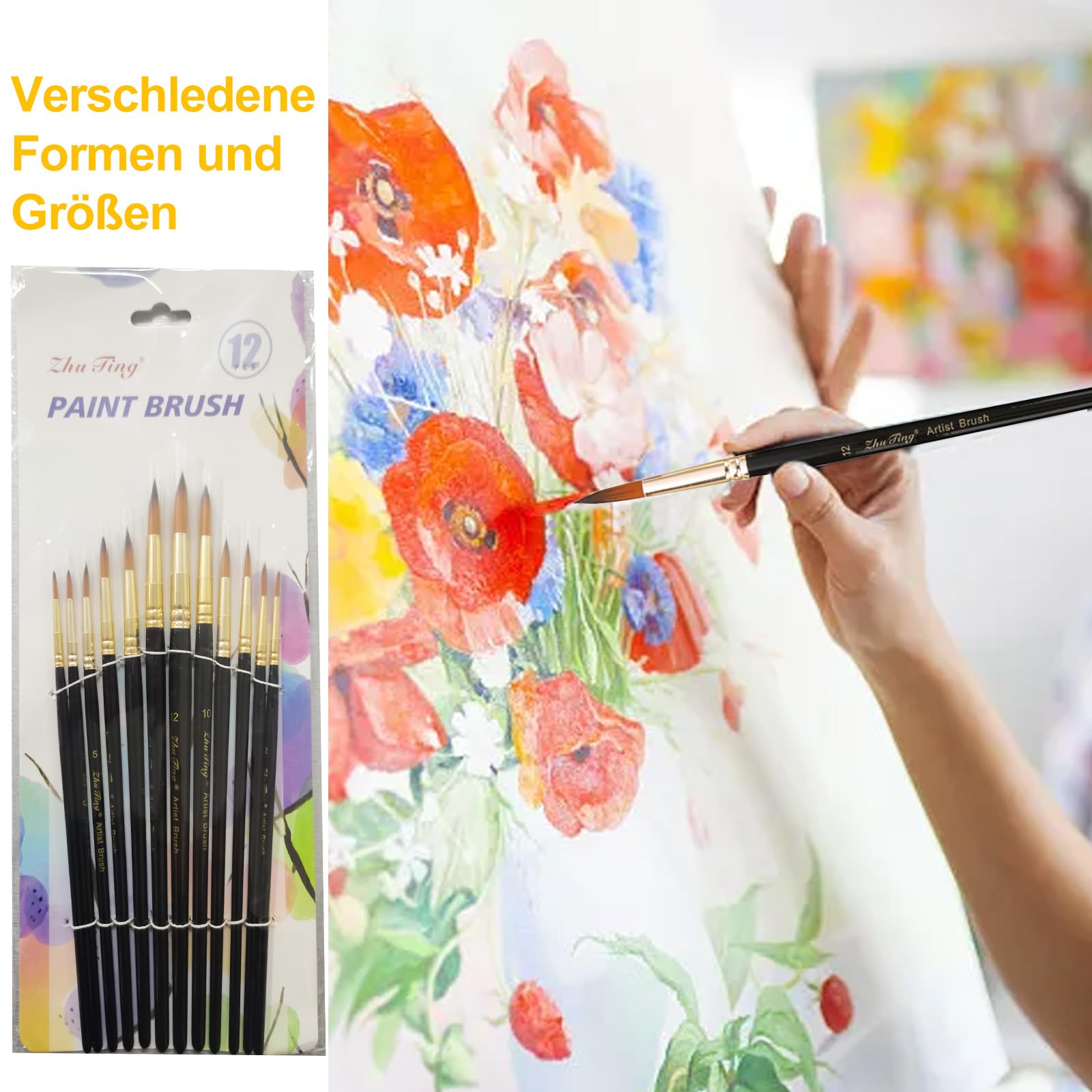 12-tlg. Aquarell-Pinsel-Set – Runde Spitze, Aus Nylonborsten, Für Aquarell, Acryl & Ölmalerei