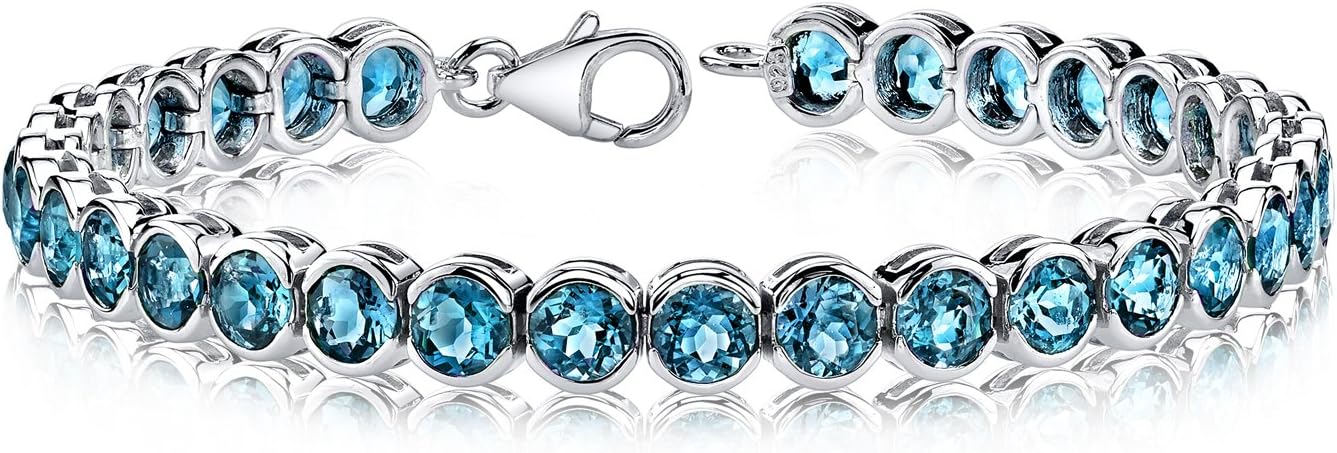 PEORA 19 Carats London Blue Topaz Tennis Bracelet for Women 925 Sterling Silver, Genuine Gemstone, 32 Pieces Round Shape, 7 3/4 inch length, December Birthstone Bracelet, Blue Bracelet