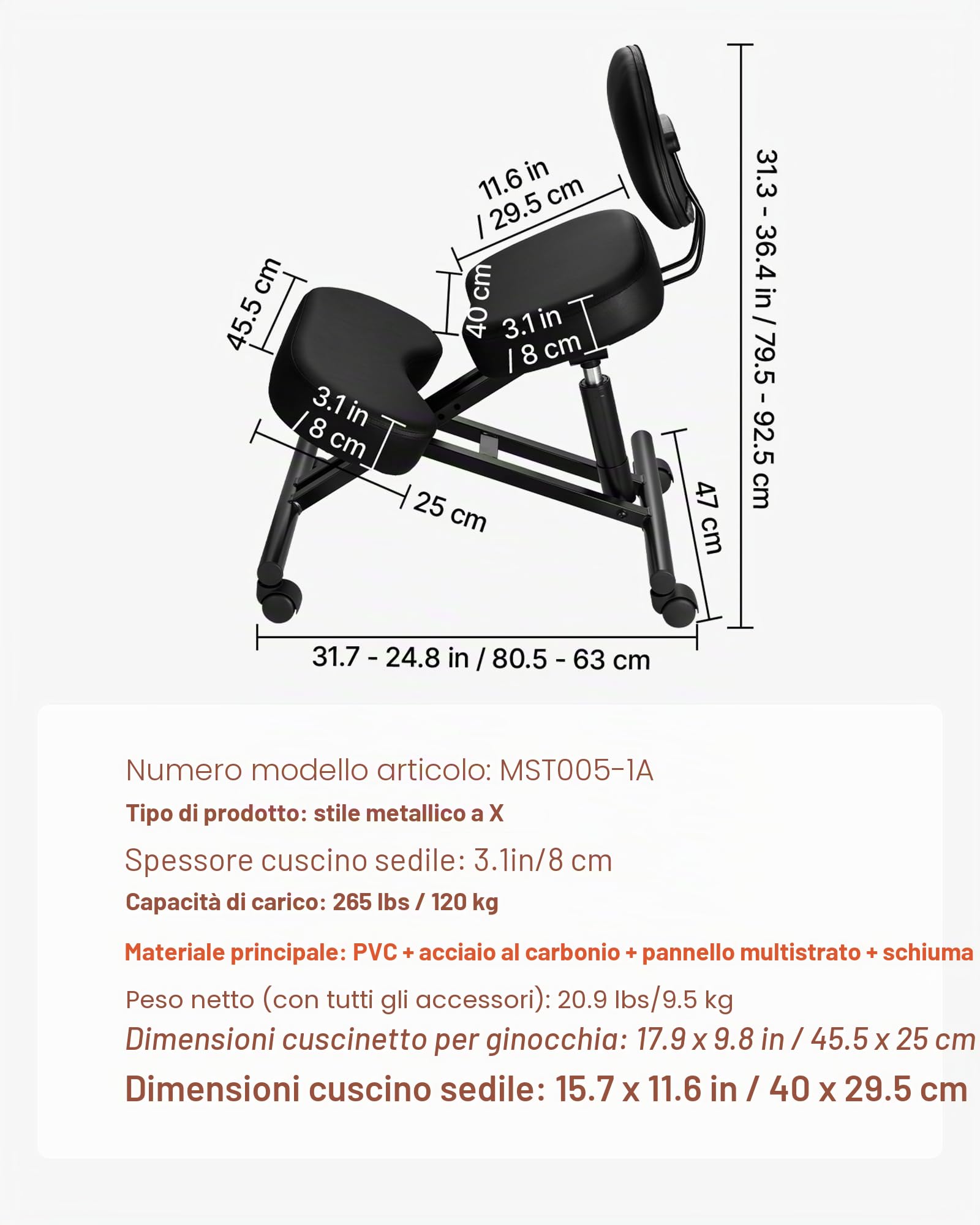 VEVOR Sedia Ergonomica a Ginocchio con Schienale Sedia a Rotelle Altezza Regolabile, Sedia Inginocchiata per Scrivania Postura Comoda da Ufficio, Sgabello Ergonomico per Casa, Carico max 120 kg