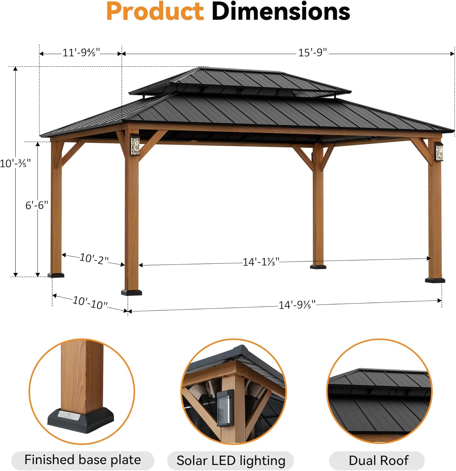 Modern Shade The Horizon Hard Top Gazebo 12' x 16' with 4 LED Lights, Permanent Hardtop Gazebo with Galvanized Steel Double Roof, Metal Gazebo with Decor Hooks, Mosquito Nettings for Patio, Wood Grain thumbnail